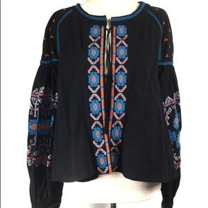 Puff sleeve embroidered boho tie front jacket top
